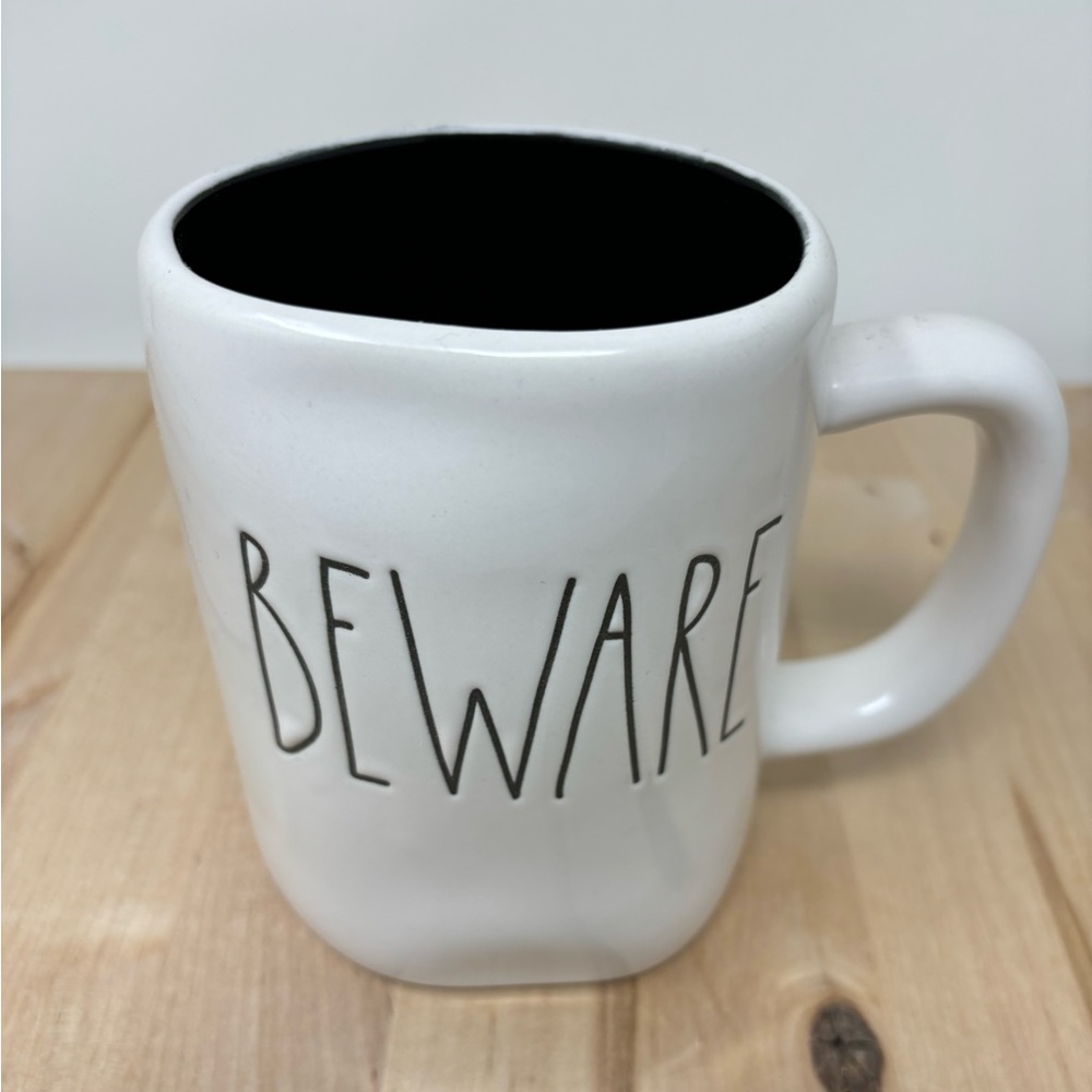 Rae Dunn BEWARE Mug White Ceramic with Black Interior and Black Lettering New